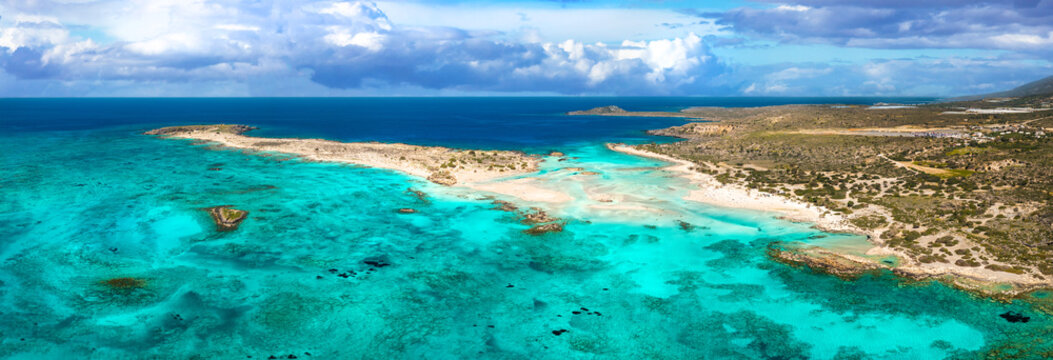 15k ultra high resolution drone panorama of Elafonisi beach, Crete. Exotic turquoise shallow waters and island view. Tropical pink sand beach in Europe for large scale world print, wall decor.