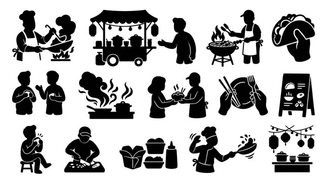 Food Street Icons: Chef cooking, Grill, Taco, Food Truck, Eating, Menu, Black Glyph Art