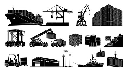Obraz premium Shipping Industry Black White Icons: Ship, Crane, Cargo Containers, Forklift