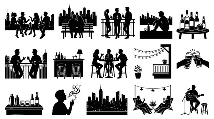 Obraz premium Black and White Cityscape Silhouettes: Rooftop Bar, People, Drinks, Music