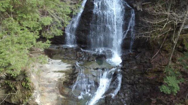 Smooth video pan up a waterfall in the forest