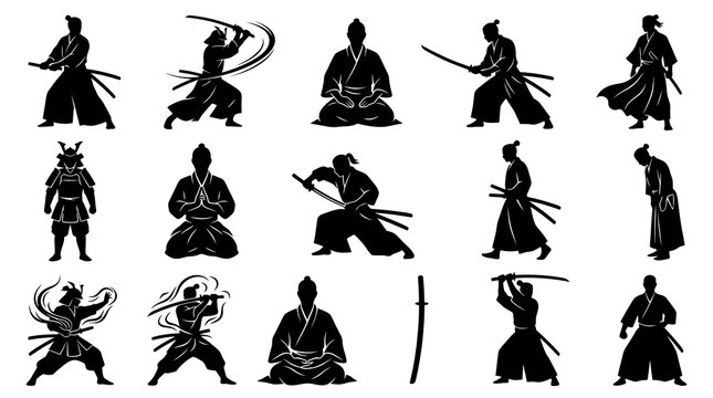 Samurai Warrior Silhouettes: Japanese Martial Arts Action Poses Black and White Vector Art