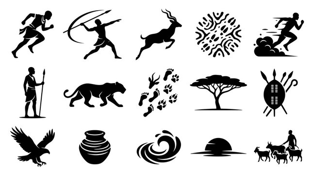 African Tribal Icons: Hunter, Animals, and Nature Symbols, Black and White