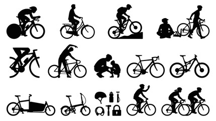 Naklejka premium Cycling Bicycles and Cyclists Black Silhouettes Vector Icons Set for Sports, Recreation, and Transport.