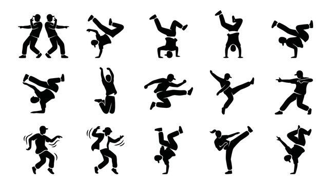 Dynamic Breakdance  Hip Hop Dancers Silhouettes Glyphs Set
