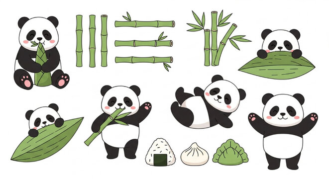 Cute Panda Vector Set with Bamboo Leaves Snacks and Playful Poses Kawaii Animal Sticker Style Flat Illustration