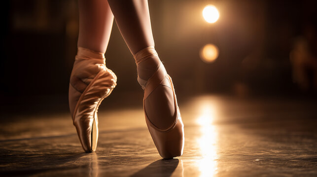 Ballet dancer feet in pointe shoes on stage with warm dramatic lighting