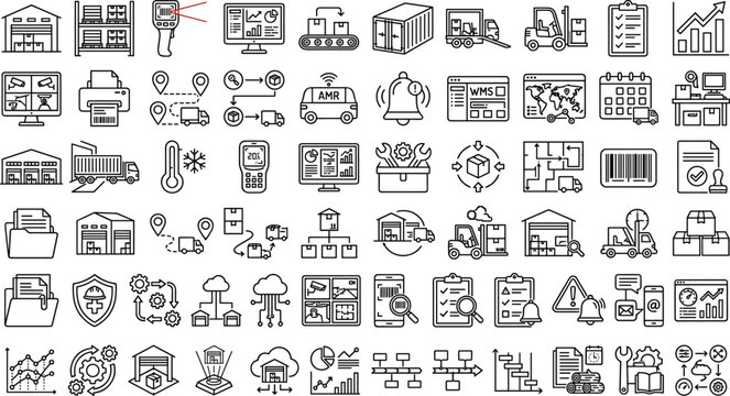 Logistics and warehouse management icon set featuring shipping inventory tracking supply chain and modern outline vector business symbols collection