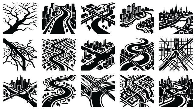 Urban  Transportation Planning: Black  White Vector Icons of Cityscapes, Roads  Infrastructure
