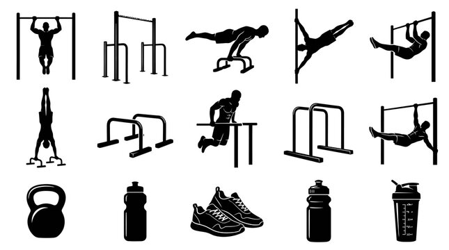 Fitness and Sports Icons: Bodybuilding, Workout Equipment, Athletes
