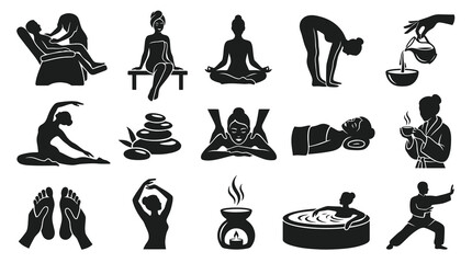 Obraz premium Spa Wellness Icons: Yoga, Massage, Bathing, Meditation, Kung Fu, Health