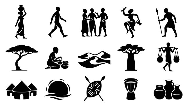 African Culture Icons: People, Baobab Tree, Hut, Drum, Pots, Shields