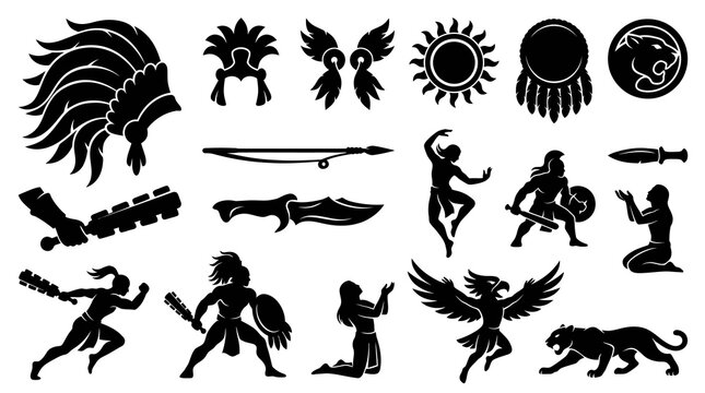 Indigenous Warriors, Eagle, Panther, Sun, Feather Headdress Icons Glyph