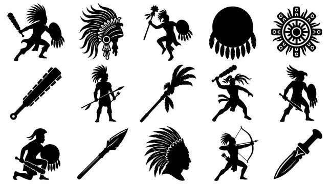 Ancient Tribal Warriors Weapons Symbols Glyphs Set - Indigenous Culture Silhouette Art