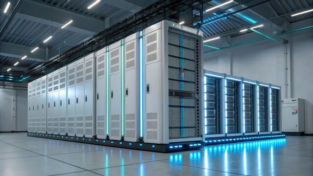 A modern data center with rows of server racks illuminated by blue LED lights inside a spacious, clean industrial room.