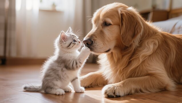 Small fluffy grey kitten reaching out a paw to touch the nose of a lar.