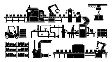 Obraz premium Industrial Production Line, Factory Automation Logistics Black White Glyph Icons Set