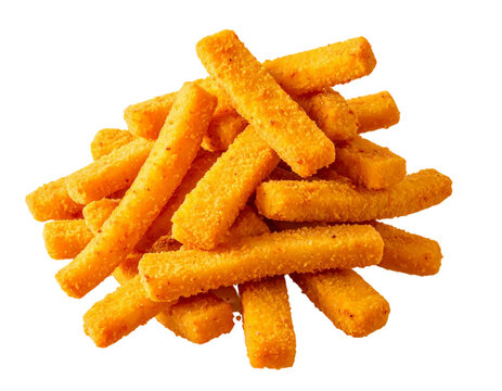 Golden crispy fish sticks piled high, showcasing textured edges and vibrant orange hue on transparent background
