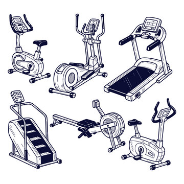 Collection of various hand-drawn vector exercise machines for fitness and workout illustrations