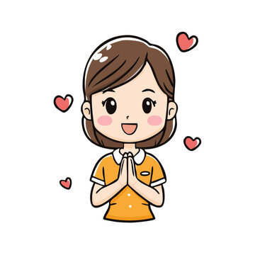 Joyful Woman with Clasped Hands and Floating Hearts Symbolizing Gratitude and Love