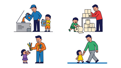 Fototapeta premium Father-Child Moments: A heartwarming compilation of illustrative moments showing a father and child in various daily activities, showcasing the bond between parent and kid.