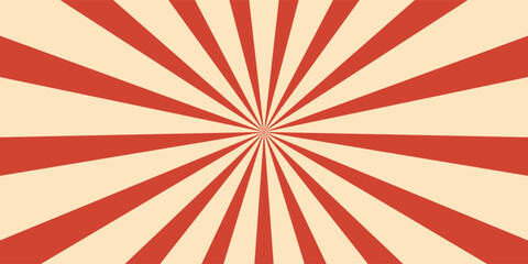 Obraz premium Retro red background with vintage circus sunburst. Psychedelic colorful swirl poster, abstract pattern in 70s carnival style. Hypnotic sunburst vector illustration.
