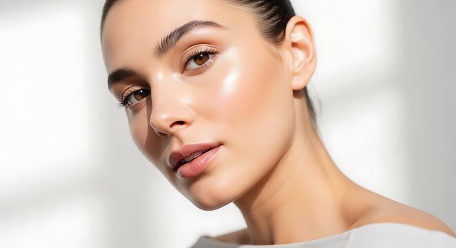 Close-up portrait of a beautiful young woman with flawless, glowing skin, gently touching her face, symbolizing healthy complexion and natural beauty achieved through effective skincare