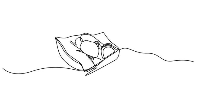 Animated self drawing of Woman sleeping on pillow bed continuous one line drawing. Sleeping woman in single line art Video. new model video art line, 4k