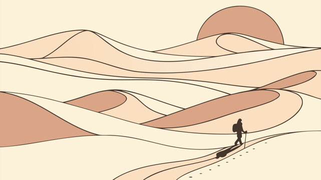 Person hiking through desert sand dunes at sunset
