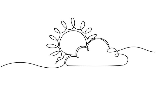 Animation of one line drawing of clouds with sun in the sky. Weather symbol and storage concept. Continuous line self drawing. Animated illustration. 4K
