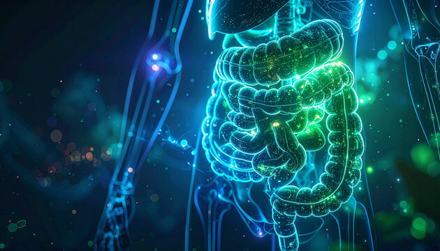 Glowing blue human digestive system healthy intestine colon stomach medical illustration abstract anatomy healthcare science vibrant futuristic digital visualization