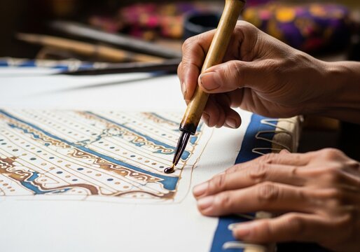 Close-up of Hands Applying Hot Wax with Canting Tool for Traditional Batik Textile Art