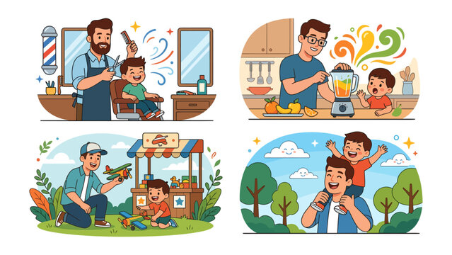 Father Son Adventures: A collage of heartwarming scenes depicting a father and son sharing special moments, from a haircut to outdoor play and kitchen fun, celebrating their bond.
