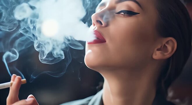 Close-up of a woman smoking a cigarette in a moody atmosphere