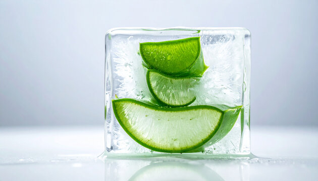 Fresh green aloe vera leaf frozen in clear ice cube macro photography natural skincare hydration purity freshness soothing botanical closeup isolated