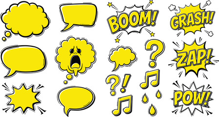 Yellow Comic Book Speech Bubbles and Sound Effects Icons Set Featuring "Boom," "Crash," "Zap," and More © Shilpi