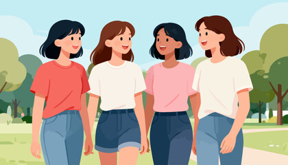 Fototapeta premium Four women walk together in a park. They smile warmly, sharing a friendly moment. Soft trees and sunlight frame their relaxed stroll. Ideal for illustrating teamwork, friendship, or community