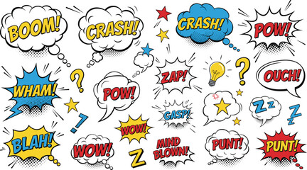 Comic Book Sound Effect Icons Set with "Boom," "Crash," "Zap," and Other Exclamations in Bold, Colorful Design © Shilpi