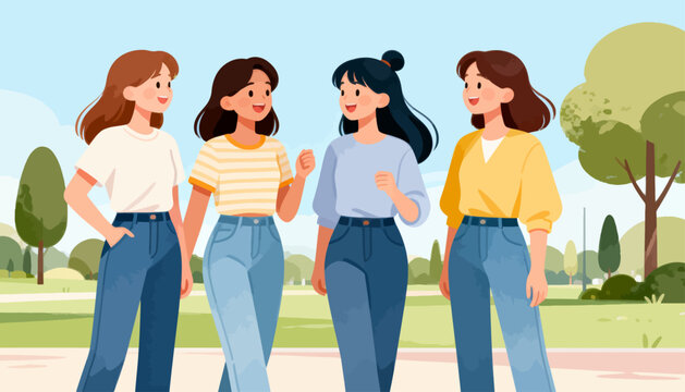 Four young women stroll through a sunny park. They laugh and chat, dressed casually in jeans and tops. Their expressions show happiness and ease. Lush trees and green grass frame the walkway