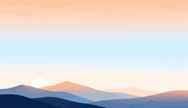 Soft dawn light paints the sky in peach and blue. Layered hills fade into gentle shadows below. The sun barely rises, glowing softly behind peaks. Silent, peaceful. Ideal for quiet scenes, meditation