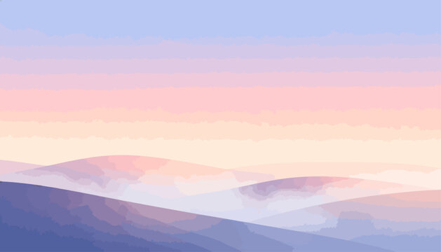 Soft pastel skies paint rolling hills with gentle gradients. Mist drifts between undulating peaks, soft and serene. Cool tones blend into warm hues, creating tranquil harmony