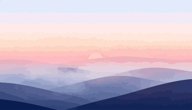 Soft dawn hues glow over layered hills. Misty air swirls between rolling contours. Pale sun hovers, barely visible. Silent, peaceful, and serene, the landscape breathes. Ideal for tranquil retreats