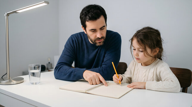 Father helping young daughter with homework at home, Dad tutoring little girl with writing in notebook, Caring parent assisting child with school studies under lamp