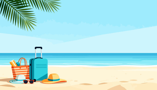 Sunlit beach scene with soft sand and calm ocean waves. Blue suitcase and striped beach bag sit beside a straw hat. Palm fronds hang overhead, framing the serene sky