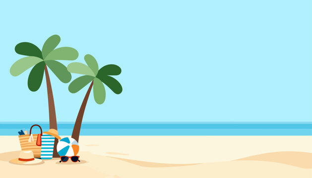 Sunlit beach with two palm trees standing tall. Sand stretches wide under soft blue sky. Beach bag, towel, and beach ball rest nearby. Simple, cheerful scene evokes vacation vibes