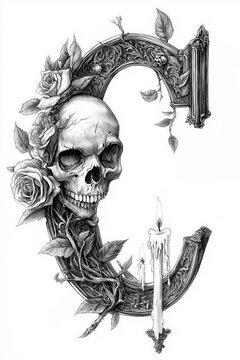 Capital letter C in dark gothic style, skull and roses, black and white ink illustration