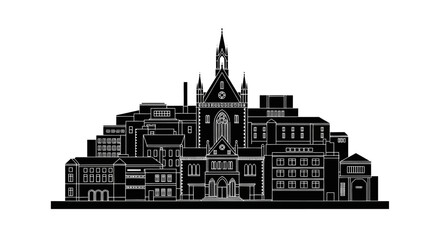 Obraz premium Black and white silhouette of a historic university campus skyline on white background