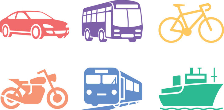 Various colorful transportation vehicles icons set flat design style with wheeler car and bus