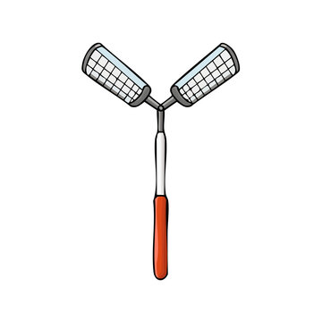 Illustration of a dual-headed fly swatter tool with orange handle and mesh heads