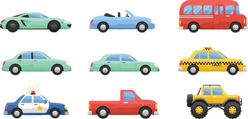 Collection of different cars in cartoon style, vector illustration set including taxi police pickup bus and sports vehicles isolated on light background © MdNazmul